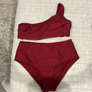 Old navy ribbed maroon one shoulder bikini, high waisted bottoms